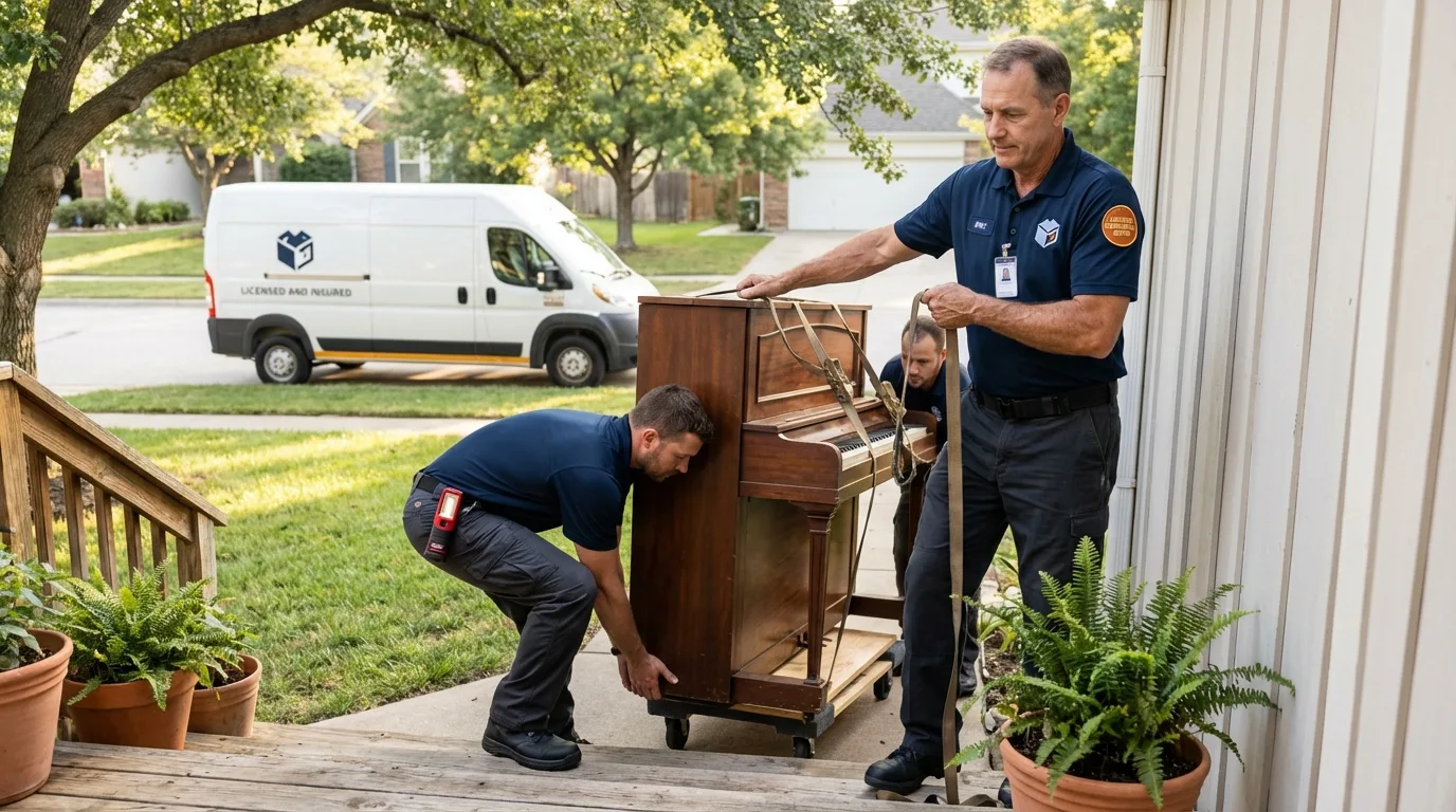 Licensed piano movers securing grand piano in Oglethorpe, GA