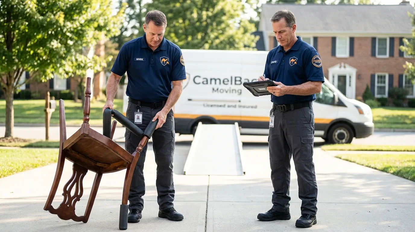 Movers inspecting furniture for damage prevention before loading in Oglethorpe, GA